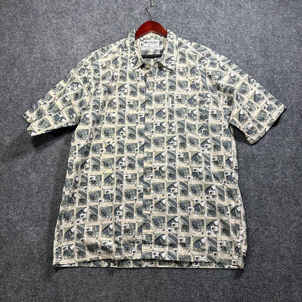 Columbia Shirt Mens Large Button Up tan Green Cotton Short Sleeve Pocket Logo